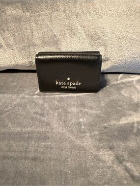 kate spade Black Saffiano Leather Trifold Wallet with Gold Logo